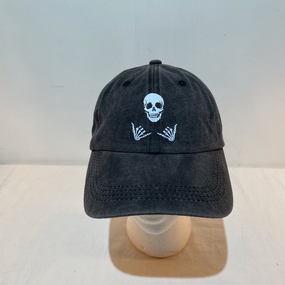 Baseball Hat Skull Print Hang Loose Adjustable Unisex Washed Black - Picture 5 of 13